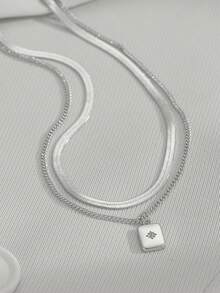 Nooxian 2件套不锈钢刀片链方形铜微镶嵌闪亮锆石双层吊坠项链 - 銀色 - 查看 3