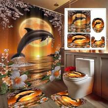1/4 Stücke Springender Delfin Badezimmer Vorhang Set, beinhaltet 12 Haken Duschvorhang, rutschfester Teppich, Toilette-Sitzabdeckung, Badematte, wasserdichter waschbarer Duschvorhang, Badezimmer Dekoration, Badewannenvorhang, 180*180cm/70,8*70,8 Zoll - Verschiedenfarbig - Übersicht 3