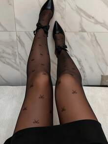 1pc Women's Pantyhose Tights, Sexy Black Sheer Tights With Bow, Transparent Stockings, Leg Shaping Tights, Valentine's Day