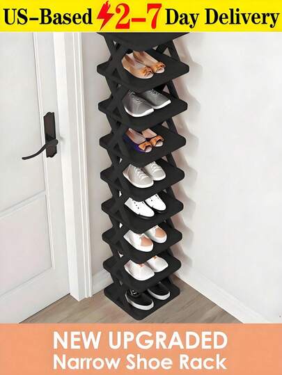 9 Tier Vertical Shoe Stand Space Saving Narrow Shoe Rack, Small Shoe Shelf, DIY Free Standing Shoes Storage Organizer For Entryway, Closet, Hallway, Easy Assembly And Stable In Structure, Black & White, Plastic Material, Consumables.Multi-Functional Entryway Shoe Rack Space-Saving Layered Modular Storage Rack For Dorm Rooms Plastic Storage Shelf For Shoes, Boots, Miscellaneous Items, And Decorative Pieces Compact Solution For Small Spaces Multi-Purpose Storage Essential Multi-Tiered Shelving Simple Assembly Compact Footprint Versatile Use In Living Rooms, Studies, Kitchens, Bathrooms, And Under Staircases.