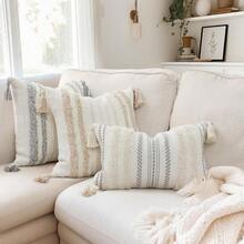 Lumbar Boho - Funda de almohada decorativa con borlas para cama de granja tejido neutro color gris - Crema GrisyBlanco - Ver 5