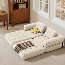 Asofer Divano letto pieghevole con testiera a L, mobile salvaspazio 2 in 1 realizzato in tessuto di velluto a coste e schiuma pressata, ideale per piccoli ambienti, dimensioni da 85 x 85 cm a 170 x 85 cm - Beige - Visualizzare 6
