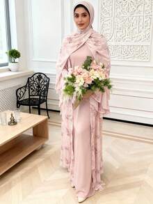 两件套优雅休闲雪纺花卉喇叭袖长袍开衫，适合度假、休闲、派对等场合。 - 粉色 - 查看 1