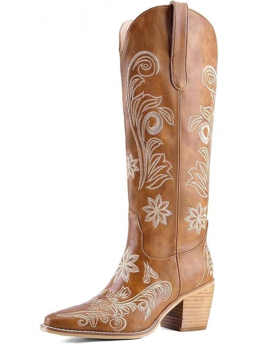 Women's Western Cowboy Boots Knee High, Floral Embroidered Vintage Cowgirl Boots With Pointed Toe & Chunky Heel, Pull-On Tabs For Country Style, Concert, Party And Daily WearChristmas - 黃棕色 - 查看 1