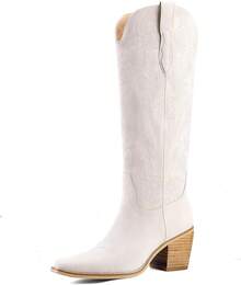 Women's Western Cowboy Boots Knee High, Floral Embroidered Vintage Cowgirl Boots With Pointed Toe & Chunky Heel, Pull-On Tabs For Country Style, Concert, Party And Daily WearChristmas - 白色刺繡 - 查看 8