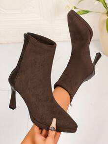 女士尖头细高跟踝靴，采用尖头设计，中筒拉链装饰，细高跟，尖头现代短靴，时尚通勤风格，适合女性日常工作、秋冬季派对场合，多种颜色可选，麂皮材质，时尚尖头细高跟踝靴 - 棕色 - 查看 5