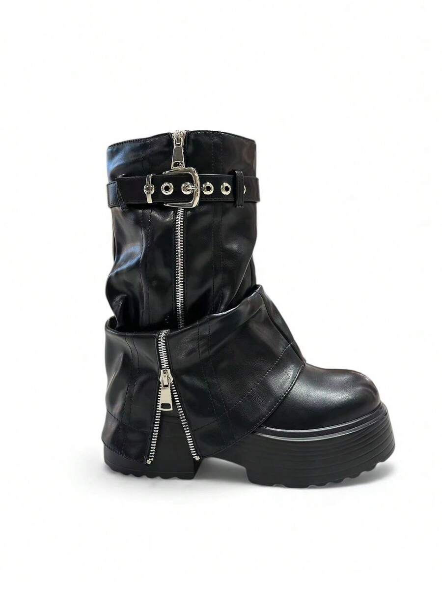 TULIPANO Women's Autumn Winter High-Quality Low Ankle Boots, Biker Boot Style With Thick Heel And Wide Sole, Punk Style Y2K Round Toe, Fashion For Vacation And Work - 黑色 - 查看 1