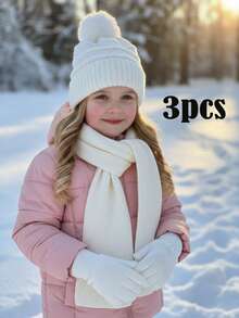 3 delar/set för barn, unisex, stickad mössa + handskar + halsduk, 3 delar, varmt vinterset, koreansk stil - 3-delad pom-pom-version - Visa 4