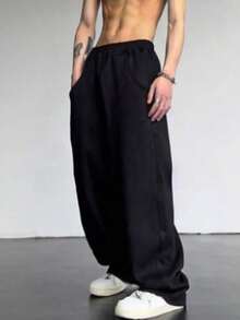 Men's Plain Baggy Sweatpants, Streetwear Style, Comfortable, Premium Style, Loose Fit, Casual, Modern And Soft. - màu đen - Xem 1