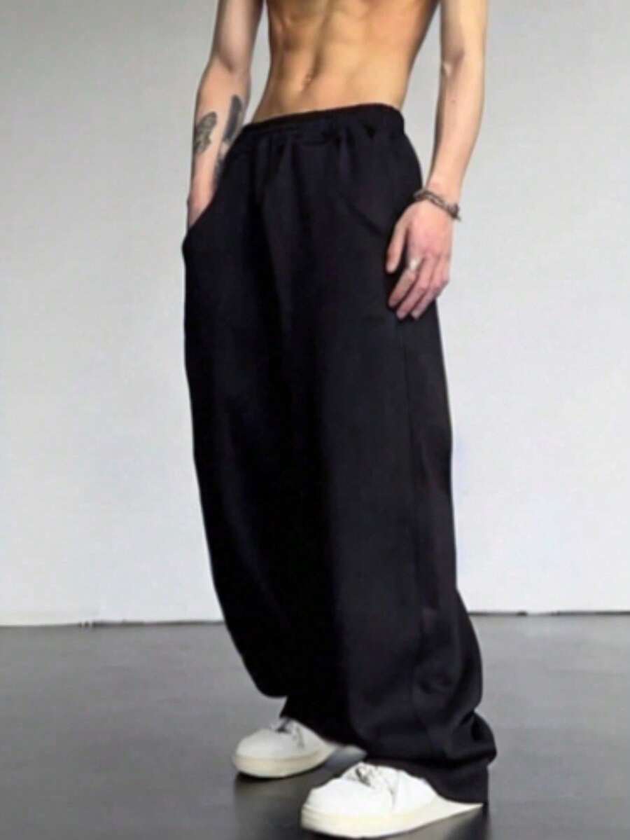 Men's Plain Baggy Sweatpants, Streetwear Style, Comfortable, Premium Style, Loose Fit, Casual, Modern And Soft. - màu đen - Xem 1