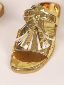 1双儿童流苏PU休闲时尚拖鞋，适合夏季穿着 - 金色 - 查看 8