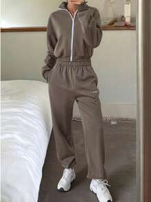 Tuta da donna GAOVOT, composta da felpa con cappuccio e pantaloni a gamba larga, in stile casual e comodo, adatta per l'autunno/inverno, con zip - Grigio - Visualizzare 6