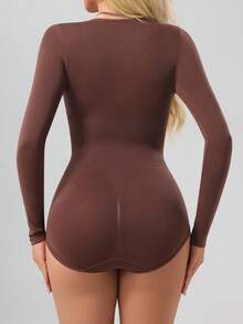 1pc Women's Seamless Crew Neck Long Sleeve Shapewear, Full Coverage Comfortable Bodysuit - Brown - View 2