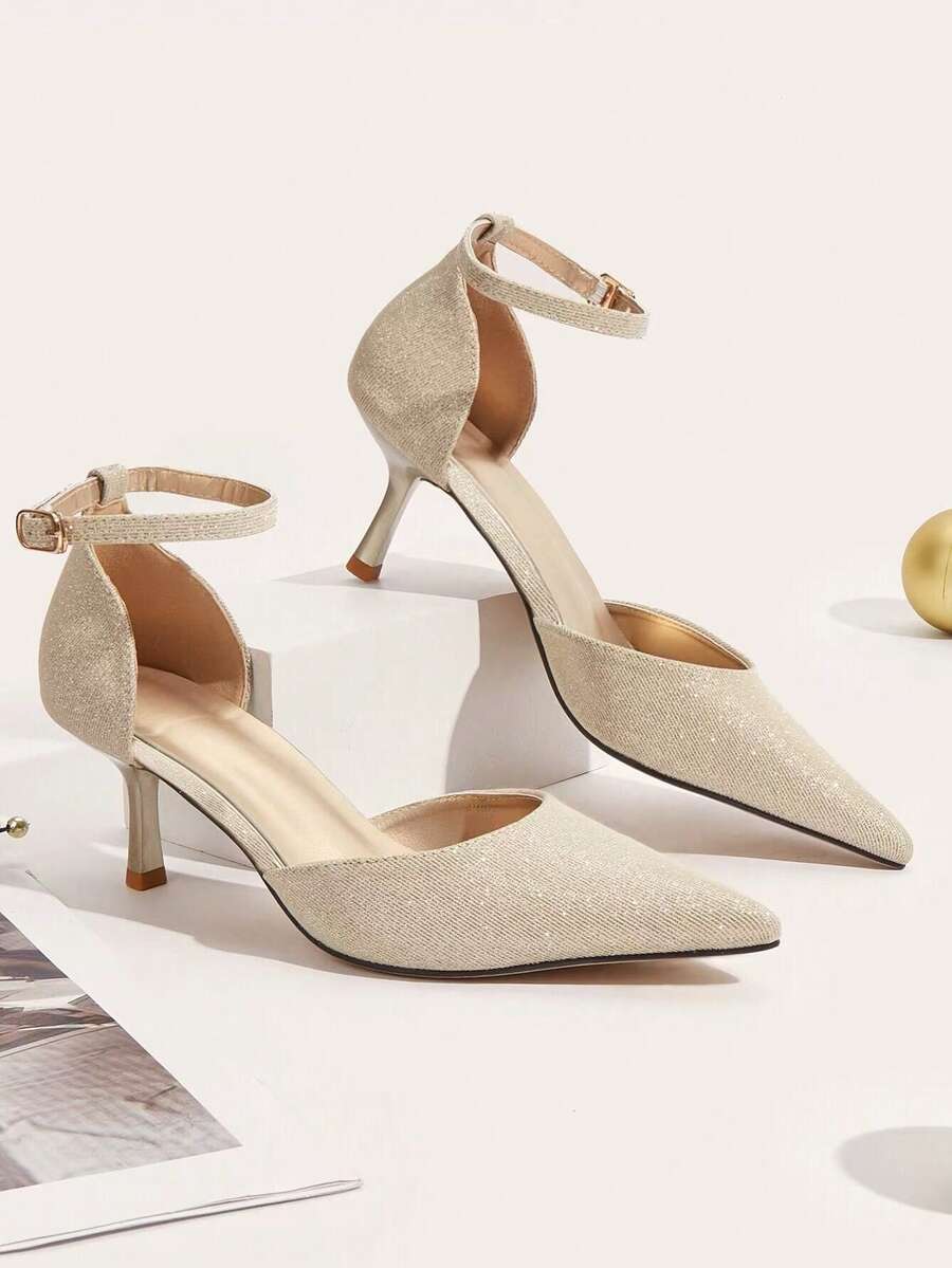 Sapatos de salto alto com bico fino e glitter, modelo gatinho, para o outono/inverno 2025. - Ouro - Ver 1