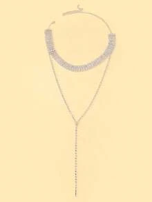 1pc Minimalist Multilayer Y-Shaped Long Silver Necklace, Sparkling Crystal Layered Necklace, Suitable For Women As Christmas Jewelry Accessory - Silver - View 4