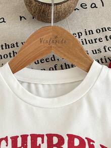 2件套 女童情人节可爱樱桃字母印花短袖圆领上衣+假口袋休闲工装裤套装，夏季