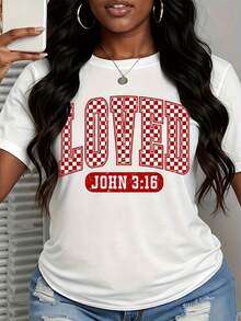 Loved John 316 Christian T Shirt Red Checkered Design White Cotton Tee Women Faith Inspired Apparel Bible - 白色 - 查看 2