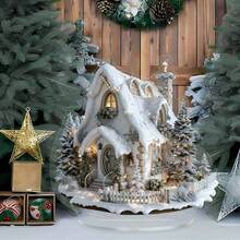 1 قطعة منزل عيد الميلاد الأكريليك العتيق مع أشجار للعرض على المنضدة - ديكور متعدد الأغراض بموضوع إكليل للمنزل والمكتب، يشمل الحامل