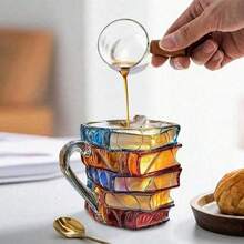 Taza de café con forma de libro 3D/Taza de vidrio con libros apilados - Un regalo para amantes de la literatura, lectores, escritores y ratones de biblioteca, taza de escritorio única con forma de libro - Multicolor - Ver 8