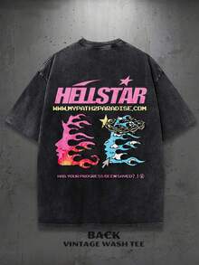 Y2K Vintage T Shirts | Graphic Tees |  Hel&Star Logo With Flames And Stars  | Streetwear  | Thanksgiving Gifts | Gifts For Men  | 100% Cotton | 230Gsm Thickened Fabric  | Unisex - 黑色 - 查看 5