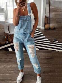 时尚舒适宽松蓝色猫须条纹连体裤和背带裤，女士休闲春季款 - 淺色水洗藍 - 查看 5