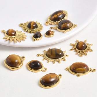 1 pieza Colgante de piedra de ojo de tigre natural, colgante con forma de sol ovalado de acero inoxidable 304, joyería de estilo bohemio, colgante vintage impermeable con recubrimiento PVD, material de artesanía de uso diario para hacer collares, aretes, pulseras, llaveros, decoración de bolsos