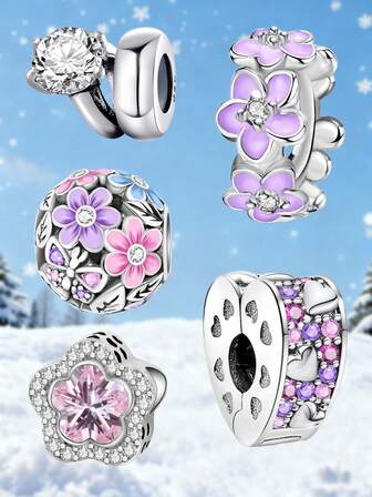 1Pc Fashionable 925 Sterling Silver Pinkish Purple Flowers Series Charm Bead Fit For Women Bracelets Bangles DIY Jewelry Making And Daily Outfit Matching Jewelry Decoration For Girls