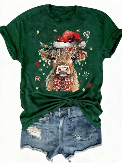 Howell Christmas Graphic T-Shirt - Festive Cow Wearing Santa Hat And Lights Print, Soft And Casual Crew Neck Top