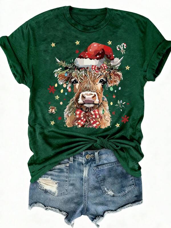 Howell Christmas Graphic T-Shirt - Festive Cow Wearing Santa Hat And Lights Print, Soft And Casual Crew Neck Top