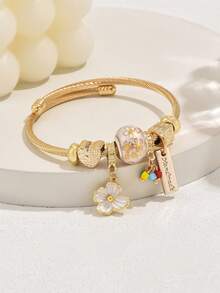 1 pieza Pulsera ajustable con lindo colgante floral, adecuado para uso diario (posición de los rhinestones al azar) - Dorado - Ver 3