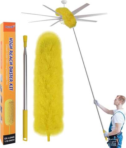 Plumero Dymoll con palo extensible, kit de plumero de microfibra de 110" con cabezales lavables y flexibles, cepillo para telarañas, plumeros para limpiar ventiladores de techo, techos altos, persianas, muebles y automóviles