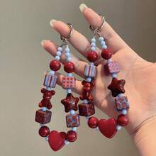 1pc Autumn/Winter Korean Style Ins Square Red & Blue Contrast Geometric Star Phone Lanyard, Cute Bear Pendant Charm Compatible With Android And Most Smartphone,Gifts For Mother, Family, Friends, Birthday, Holiday Phone Chain - Wine Red Bear - View 1