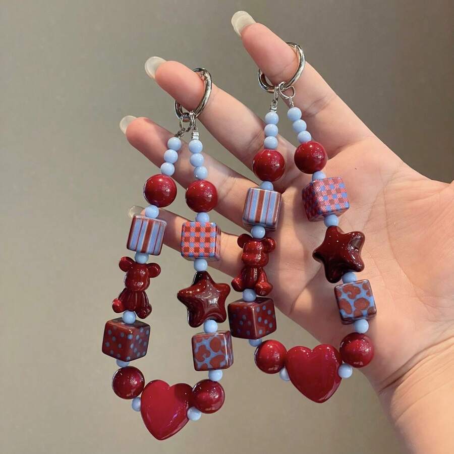 1pc Autumn/Winter Korean Style Ins Square Red & Blue Contrast Geometric Star Phone Lanyard, Cute Bear Pendant Charm Compatible With Android And Most Smartphone,Gifts For Mother, Family, Friends, Birthday, Holiday Phone Chain - Wine Red Bear - View 1