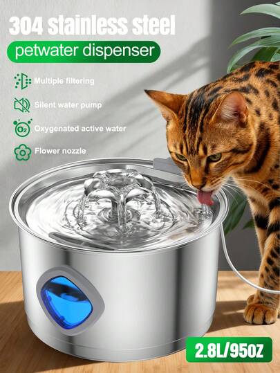 ENSSU 2,8L/95oz Fuente de agua automática de acero inoxidable para mascotas (gatos y perros), dispensador de agua para gatos, salida de agua con diseño de flor, fuente de agua automática para mascotas con ventana de nivel de agua LED, tazón de agua para gatos, bomba ultra silenciosa, filtración de circulación, fuente de agua para beber para gatos, perfecta para gatos, perros y múltiples mascotas, fácil de limpiar e instalar, diseño de grifo atractivo, gran capacidad, accesorios para gatos