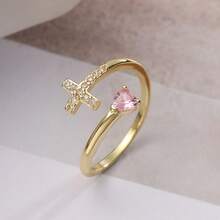 1pc Elegant Copper Zirconia Cross & Heart Design Ring, High Quality Jewelry Gift For Women, Party/Date Occasion - Pink - View 2