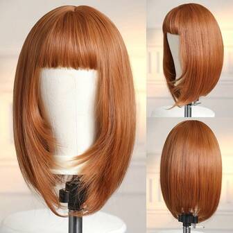 Peluca recta naranja elegante de 16 pulgadas con flequillo, adecuada para mujeres - Fibra sintética resistente al calor, fácil de usar, adecuada para uso diario y fiestas