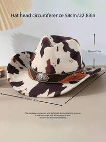 1pc Unisex Polyester Cow Print Cowboy Hat - Three-Dimensional Aged Silver Retro Bull Head Badge, Plain Copper Cross-Rivet Double Straps, Suitable For Horseback Riding, Outdoor Travel, Cowboy Parties And Daily Wear - Badge Bull Head Cow Hat - View 2