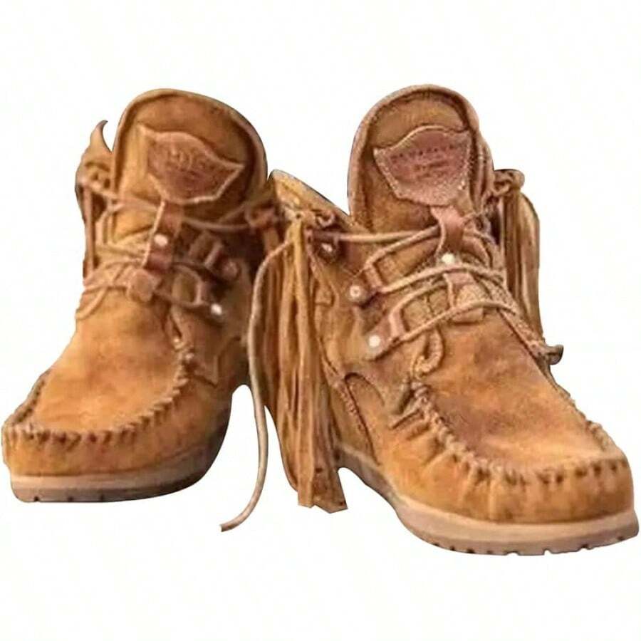 MOYOWEI Women's Vintage Cowboy Fringed Ankle Boots,Lightweight Comfy Suede High Top Round Toe Hippie Moccasin Short BootiesChristmas - màu nâu - Xem 1