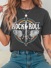 Ladies Music Festival Guitar Print Short Sleeve Crew Neck T-Shirt - Dark Grey - View 1