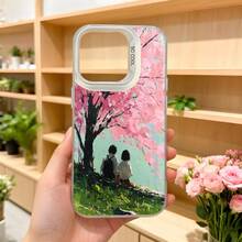 Cubierta de teléfono con borde negro y diseño de árbol de cerezo en flor rosa con dos personas sentadas bajo el árbol estampado en la parte trasera para iPhone 14 Pro Max estilo artístico ideal para uso diario en primavera Aplicable a los teléfonos de la serie Apple y Galaxy - Negro - Ver 5
