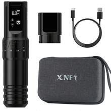 XNET T1 مجموعة كاملة من قلم آلة الوشم اللاسلكي، رأس قلم قابل للتعديل، محرك قابل للتخصيص، فرشاة مكياج، 20 خرطوشة حبر، 10 ألوان حبر، 6 مجموعات جلد ممارسة الوشم - الأسود - مشاهدة 11