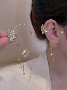 1件蝴蝶花朵流苏耳夹（无需耳洞） - 金色 - 查看 2