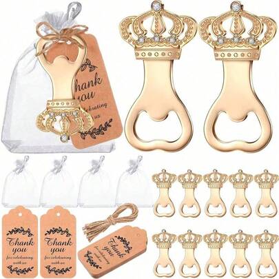 40 Pieces/10 Sets Of Crown Shaped Bottle Openers, Including 10pcs Crown Shaped Bottle Openers, 10pcs Transparent Stiff Gauze Bags, 10pcs Thank-You Labels, 10pcs Hemp Rope Suitable For Weddings, Baby Showers, Bridal Or Birthday Party Gifts, Decorations, Guests, And Souvenirs, With Transparent Stiff Gauze Bags And Thank-You Labels, Themed Gifts, Outdoor, Camping, Father Gifts