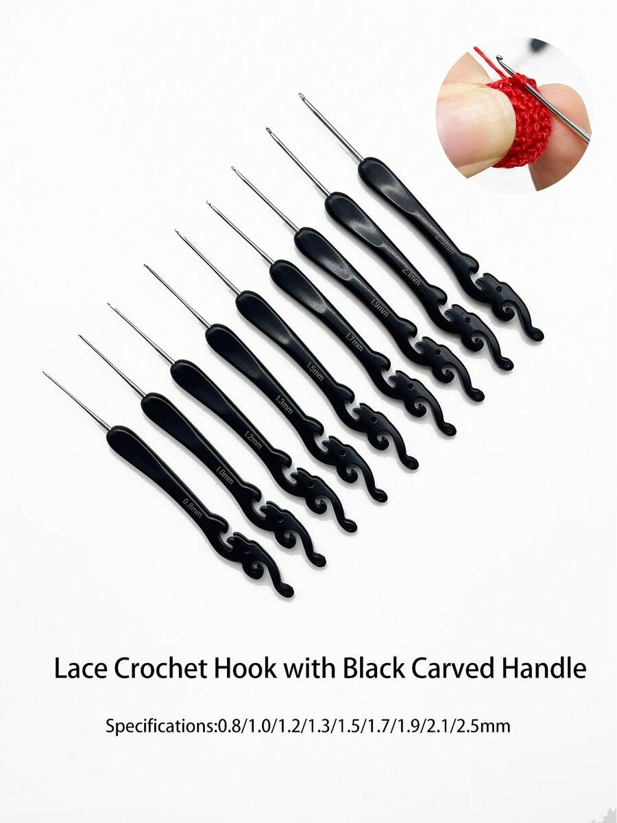 9pcs Lace Crochet Hook Set, With Carved Black Handles, Classic Design Combined With Modern Crochet, Suitable For DIY Super Fine Yarn And Lace Projects - Multicolor - View 1