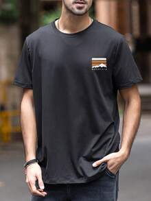 男士简约山地元素印花短袖T恤 - 黑色 - 查看 3