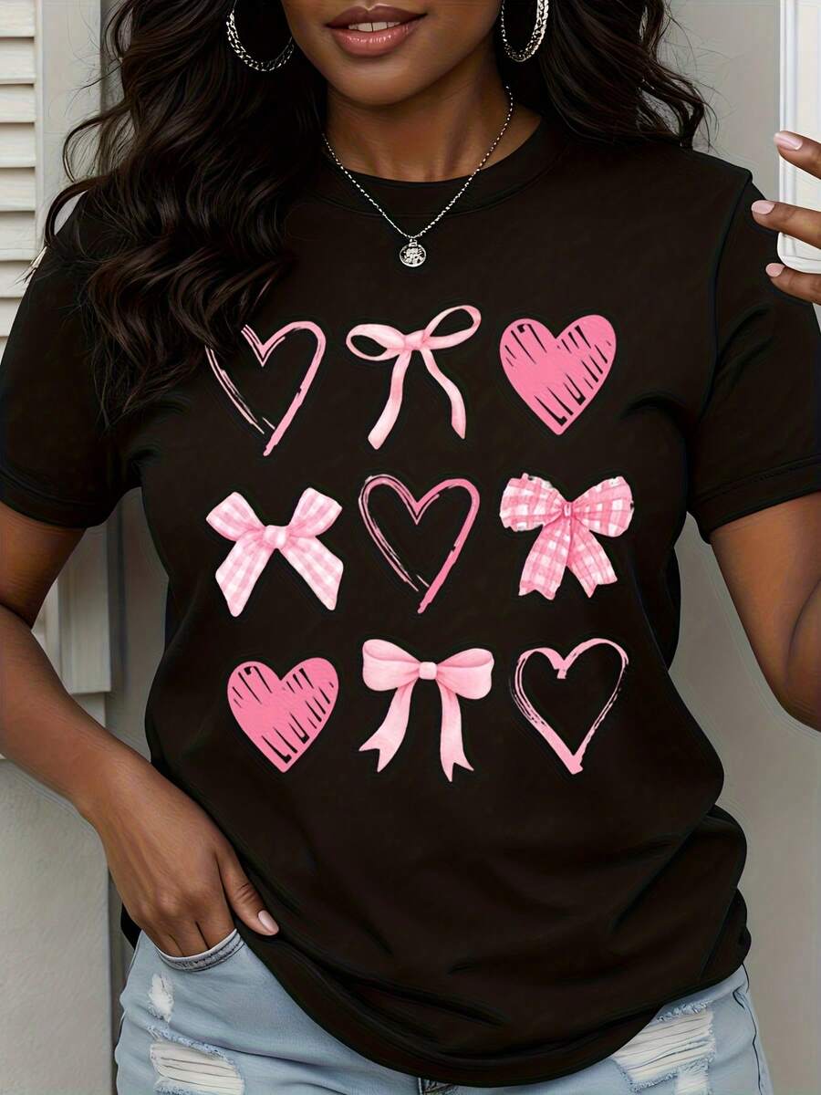 Pink Hearts And Bows Graphic T-Shirt Women Casual Summer Top Valentine's Day Cute Printed Tee Shirt - 黑色 - 查看 1