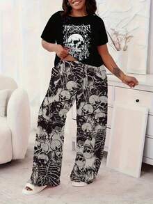 2pcs Plus Size Women Pajama Set - Halloween Ghost Gothic Skull Print, Short Sleeve Top And Comfortable Long Pants, Soft Polyester Blend Loungewear, Suitable For Spring, Summer, Autumn