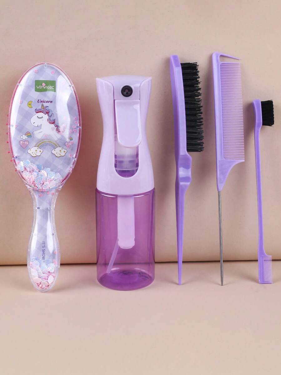 Bộ dụng cụ đa năng: Bình xịt & lược, bàn chải ướt, lược chải mượt tóc có nhũ (bàn chải đệm thiết kế hình kỳ lân trong suốt), phù hợp với mọi loại tóc, kể cả tóc xoăn tự nhiên và tóc thẳng, bình xịt (200ml), bộ dụng cụ tạo kiểu tóc.