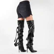 Multi Buckle Strap Over The Knee Pointed Toe Belts Stiletto Heeled Booty Thigh HighChristmas - Black - View 2