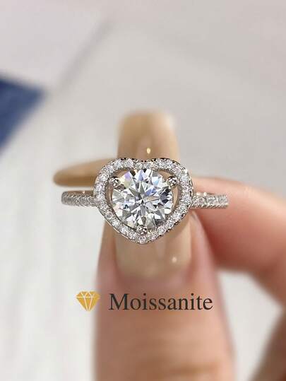 1pc 1ct-2ct Heart-Shaped Openwork Moissanite Wedding Ring, 925 Sterling Silver, Exquisite And Stylish Engagement Ring, Promise Ring, Anniversary Ring, Delicate Ladies' Jewelry Gift, Christmas Gift